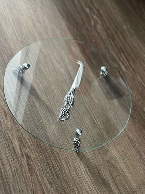 Clear Glass Serving Tray and knife with Silver Pinecone Accents -silver plated